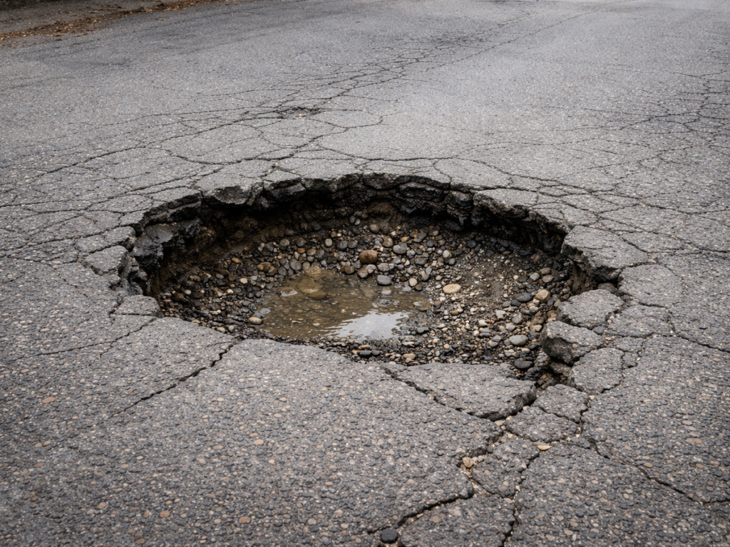 ai द्वारा बनाई गई सड़क में गड्ढे की तस्वीर।