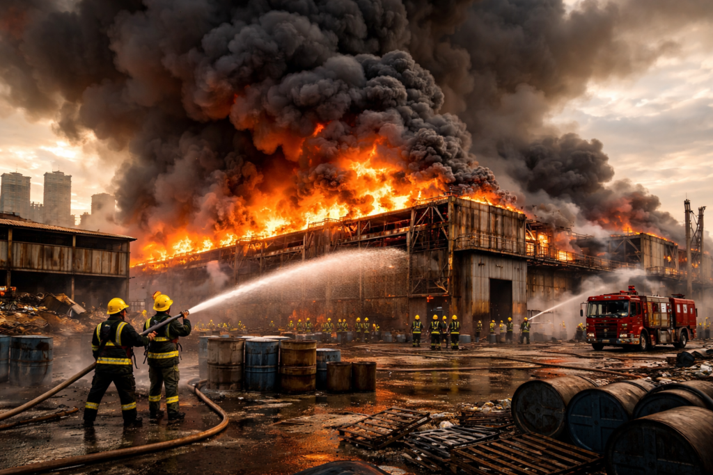A massive fire breaks out in an industrial factory in Rajasthan, with huge flames and thick black smoke rising into the sky