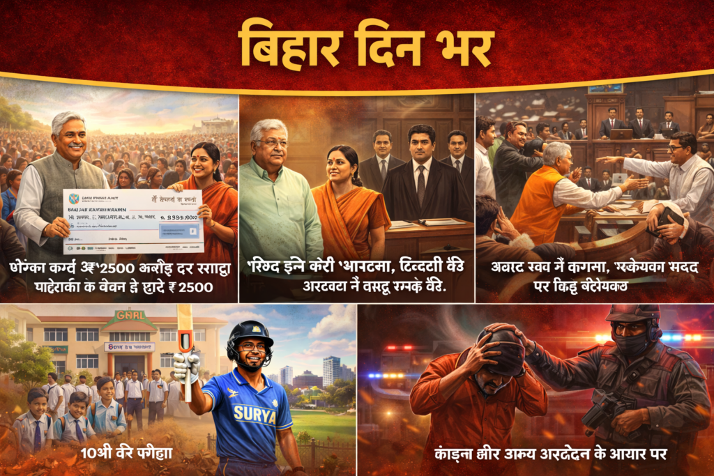 A digital collage of Bihar’s top news showing Chief Minister Nitish Kumar distributing financial aid to women, Lalu and Rabri Devi appearing in court in the land-for-job case, chaos in the assembly, young cricketer Vaibhav Suryavanshi, and police action against a criminal.