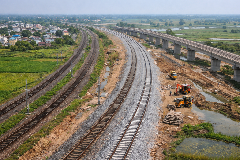 An aerial view of railway line expansion in the Purnia area, showing older railway tracks on one side and newly constructed modern tracks on the other.