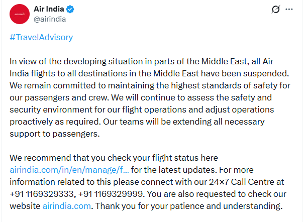 AIR INDIA ने जारी की एडवाइजरी।
