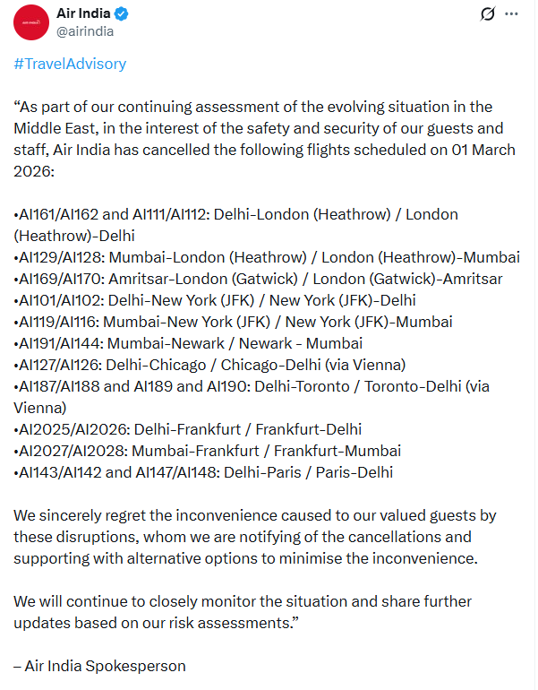 air india cancels international flights 1 march 2026 middle east war alert
