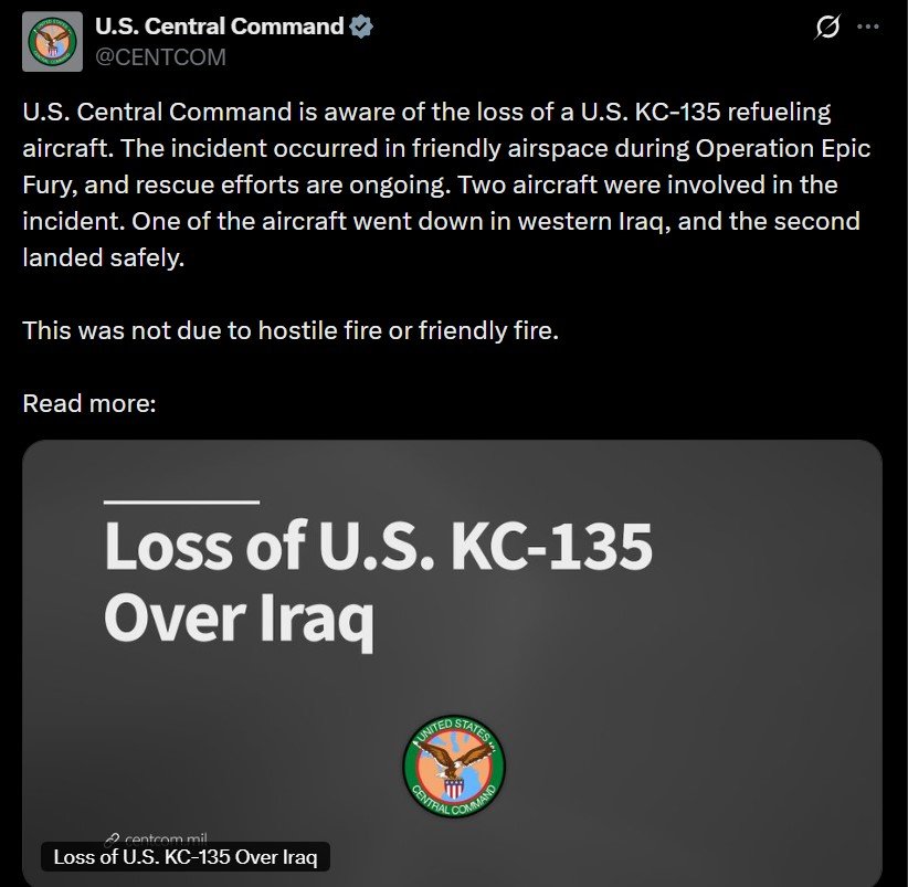 us-kc-135-refueling-aircraft-down-western-iraq-operation-epic-fury