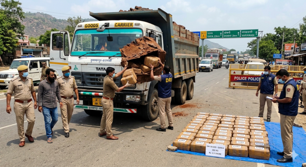 DRI Muzaffarpur team seizing 281 kg ganja hidden under iron ore in a truck at NH-2 Gaya