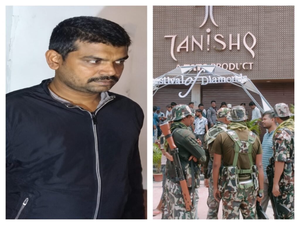 "देश के कुख्यात सोना लुटेरे सुबोध सिंह उर्फ 'गोल्डन थीफ' की तस्वीर (बाएं) और पूर्णिया स्थित तनिष्क शोरूम के बाहर सुरक्षा बलों की तैनाती (दाएं) का कोलाज।