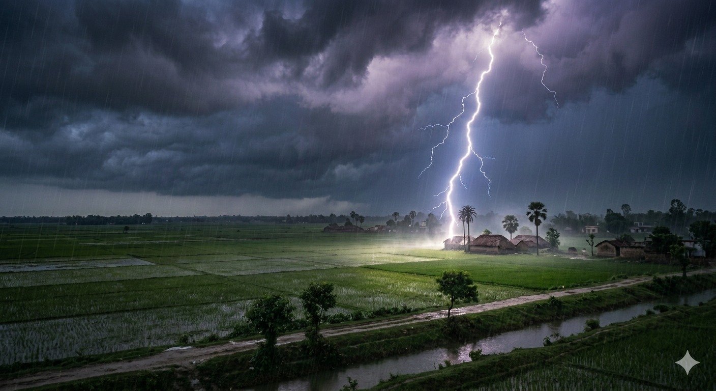 काले घने बादलों के बीच चमकती हुई आसमानी बिजली (वज्रपात) का दृश्य, जो बिहार में मानसून के दौरान ठनका गिरने से हुए जान-माल के नुकसान और प्राकृतिक आपदा को दर्शाता है।