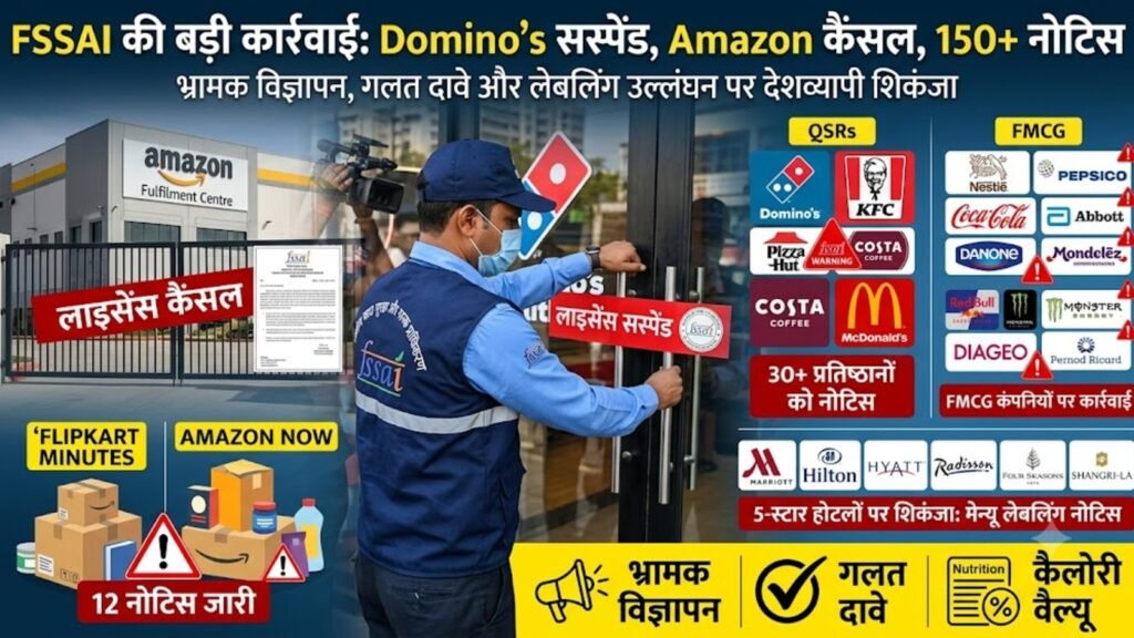 FSSAI बड़ी कार्रवाई फूड ब्रांड्स, डोमिनोज लाइसेंस सस्पेंड FSSAI, अमेजन वेयरहाउस लाइसेंस कैंसल, फूड सेफ्टी लेबलिंग नियम उल्लंघन, KFC मैकडॉनल्ड्स FSSAI नोटिस, FSSAI Crackdown Food Brands, Dominos License Suspended FSSAI, Amazon Warehouse License Cancelled, Food Safety Misleading Ads Notice, FSSAI Notice Top Hotels QSR
