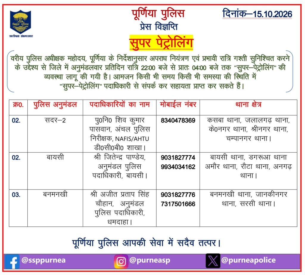 पूर्णिया पुलिस की प्रेस विज्ञप्ति।